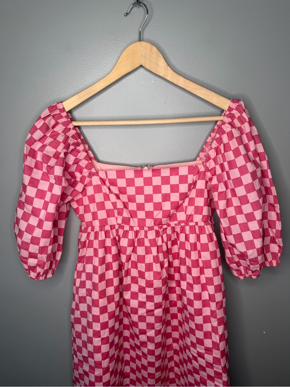Moodie Pink Checker Square Neck Puff Sleeve Babydoll - Picture 6 of 10